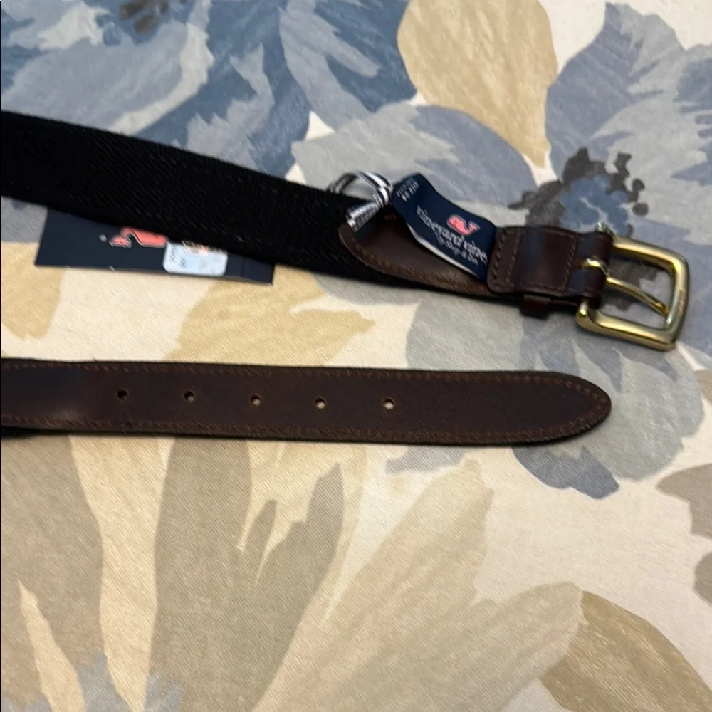 Vineyard Vines Yellow Ribbon Leather-Trim Belt with Team Medallions